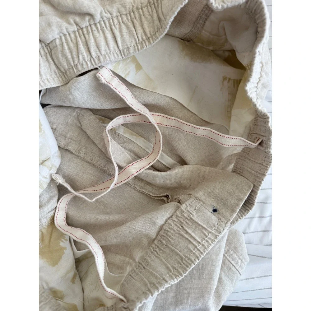 Caribbean Mens 100% Linen Cargo Pants 38x30 Beige Oatmeal Elastic Waist Relaxed